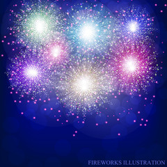 Brightly Colorful Fireworks. Blue illustration of Fireworks. Holiday fireworks background.