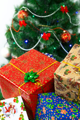 New Year's, Christmas gifts on the background of a decorated Christmas tree