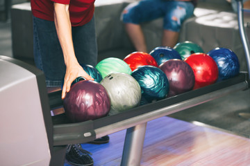 Bowling game. People choose the colored layers for bowling.