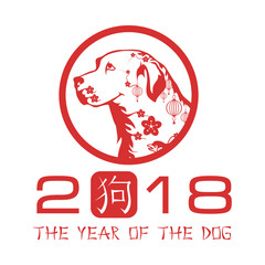 Chinese New Year of the Dog 2018. Greeting card with red dog logo. (Chinese Translation:Dog)