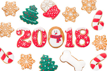 New Year background, 2018, year of the dog, gingerbread isolated on white background