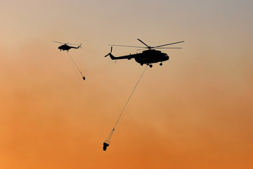 fire-fighting helicopters. fire in the city