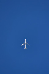 Plane in the clear sky. bottom view
