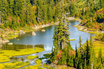 Beautiful Mountain Lake at the Bagley Lake Trail Park. Mount Baker, Washington, USA.