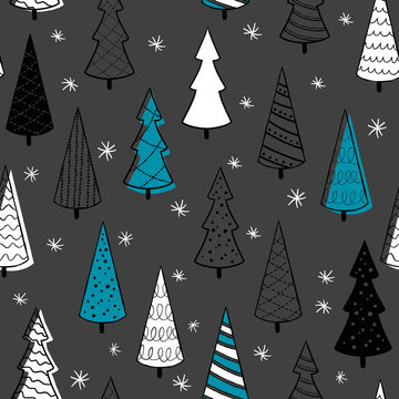 Cute seamless pattern with christmas tree. Hand Drawn vector illustration. Wrapping paper pattern. Background with abstract elements.