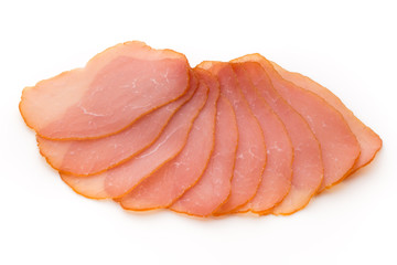 Sliced boiled ham sausage isolated on white background, top view.