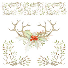 Holiday Borders and Bouquet Set. Holly berries, Branches, Horns.