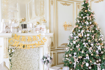 Christmas morning. classic apartments with a white fireplace.