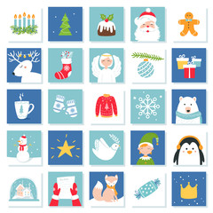 Christmas and New Year Celebration Symbols. Advent Calendar or Bingo Game Cards. Vector Set