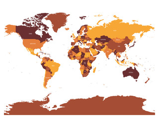 World map in four shades of brown on white background. High detail blank political map. Vector illustration with labeled compound path of each country.