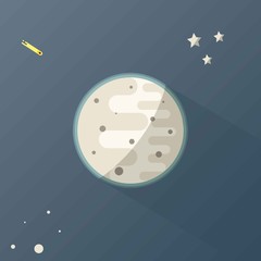 Moon with Stars and comets in Space.Planet with Craters in the Universe, Vector Illustration.