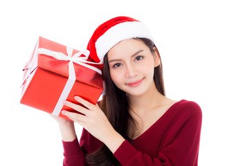 Happy asian woman with smile holding gift box of xmas, Present girl with celebration christmas a holiday, girl with buyer isolated on white background, shopping with season concept.