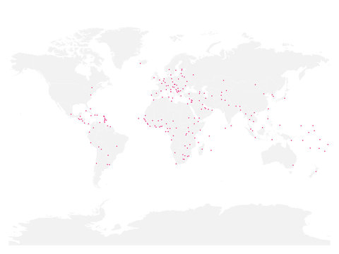 Vector political map of World with capital cities marked as pink dots.