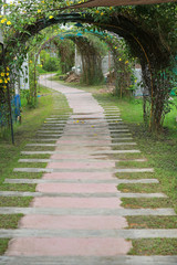 Fototapeta na wymiar Wood-Stone pathway with tunnel in the park with green grass background.