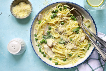 Fettuccine alfreddo - traditional italian pasta with chicken in a cream sauce .Top view.