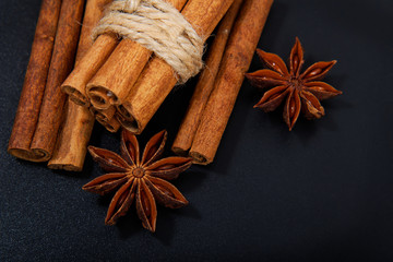 Sense of Spices star anise and cinnamon on black background with copy space