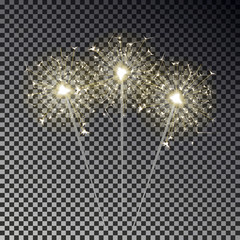 Sparkler set isolated on transparent background. Realistic transparent light effect. Festive sparkler decoration element for Birthday, Christmas, Party. Vector illustration.