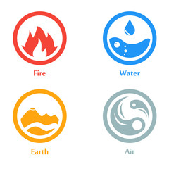 Vector illustration of four elements icons, round icons symbols. Logo template. Wind, fire, water, earth symbol. Pictograph.