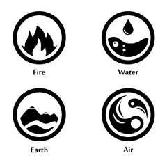 Vector illustration of four elements icons, round icons symbols. Logo template. Wind, fire, water, earth symbol. Pictograph.