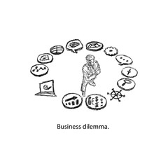 Businessman with crossed arms looking up at the rotating business icons vector illustration sketch hand drawn with black lines isolated on white background. Business concept.