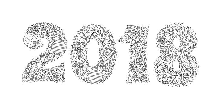 Happy new year number 2018 isolated on white background. Zentangle inspired style. Zen black and white graphic. Image for calendar, congratulation card, coloring book.