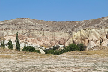 Natural valley with volcanic tuff stone rocks in Goreme in Cappadocia, Turkey.