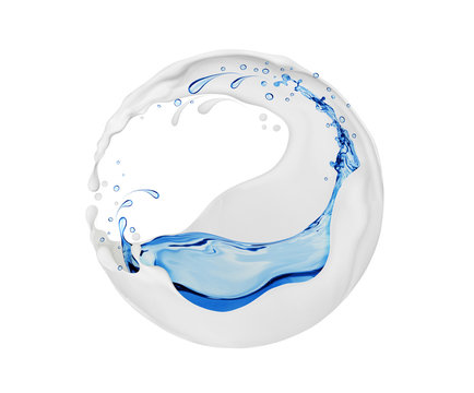 Cream and water splashes in spherical shape, isolated on white background