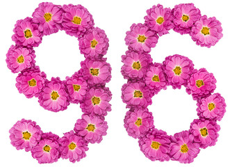 Arabic numeral 96, ninety six, from flowers of chrysanthemum, isolated on white background