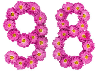 Arabic numeral 98, ninety eight, from flowers of chrysanthemum, isolated on white background