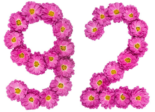 Arabic numeral 92, ninety two, from flowers of chrysanthemum, isolated on white background