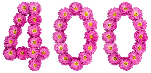 Arabic numeral 400, four hundred, from flowers of chrysanthemum, isolated on white background