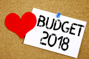 Conceptual hand writing text caption inspiration showing Budget 2018 concept for New Year Budget Financial Concept and Love written on sticky note, reminder cork background with copy space