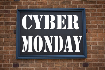Conceptual hand writing text caption inspiration showing announcement Cyber Monday. Business concept for Retail Shop Discount written on frame old brick background with copy space