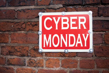 Hand writing text caption inspiration showing Cyber Monday concept meaning Retail Shop Discount written on old announcement road sign with background and copy space