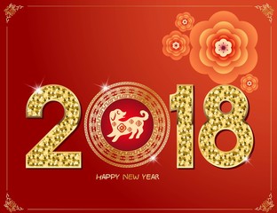 Happy Chinese new year 2018. Year of the dog. Red and gold color. Vector illustration.