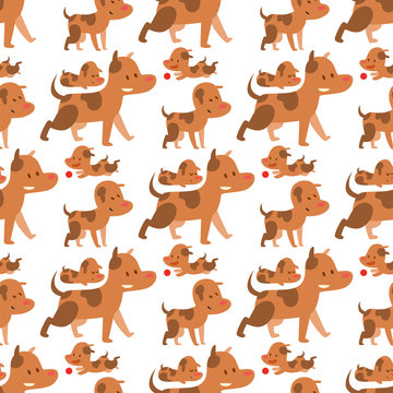 Vector illustration cute dogs characters seamless pattern purebred puppy comic smile happy mammal breed