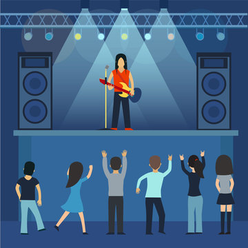 Concert pop group artists on scene music stage night and young rock metall band crowd in front of bright nightclub stage lights vector illustration.