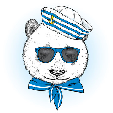 A beautiful panda in sailor clothes. Vector illustration. Animal in clothes and accessories. A sailor in a cap and tie.