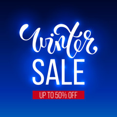 Winter sale inscription on blue background. banner, poster, logo, seasonal holiday sale.