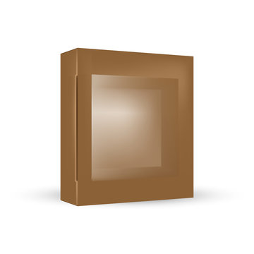 VECTOR PACKAGING: Brown package square box with front window on isolated white background. Mock-up template ready for design