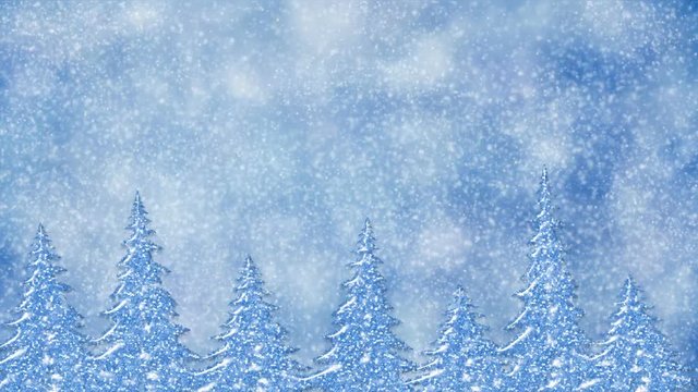 White snow and frost covered pine trees with snowflakes falling on the snowy day, winter seasonal scene with forest and snow, frosty landscape, festive background, abstract illustration, animation