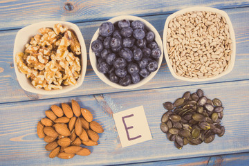 Vintage photo, Products, ingredients containing vitamin E and dietary fiber, healthy nutrition concept