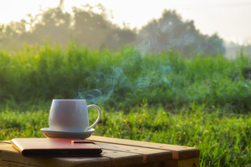 morning coffee cup garden background
