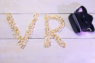 Virtual reality entertainment concept, Letters VR spelled with pop corns 