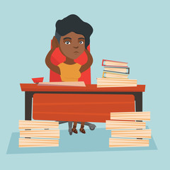 Young african-american office worker in despair sitting at workplace with heaps of papers. Stressful office worker sitting at the desk with stacks of papers. Vector cartoon illustration. Square layout