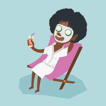 Young african-american woman with face mask lying in chaise lounge and drinking cocktail. Woman relaxing in beauty salon. Woman getting beauty treatments. VVector cartoon illustration. Square layout.