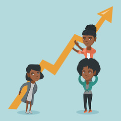 Three young caucasain business women holding growth graph. Business team with growth graph. Concept of business growth, teamwork and partnership. Vector cartoon illustration. Square layout.