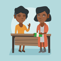 Young african business woman giving a bribe to an executive. Not corrupted executive refusing to take a bribe. Honest executive rejecting to take a bribe. Vector cartoon illustration. Square layout.