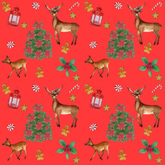 watercolor Christmas pattern with deer on red background