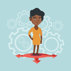 Young african-american woman standing on three alternative career ways. Smiling woman choosing career way. Concept of career choices. Vector cartoon illustration. Square layout.